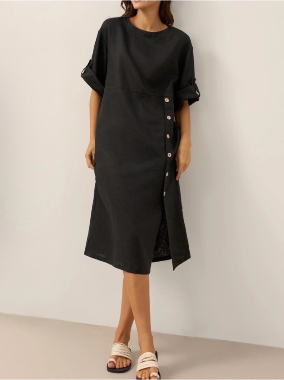 Minimalist Black Button-Accent Midi Dress